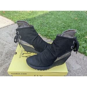 Fly London Womens Size 39 Yama Black Suede Silver Ankle Lace Up Wedge Shoes Boot